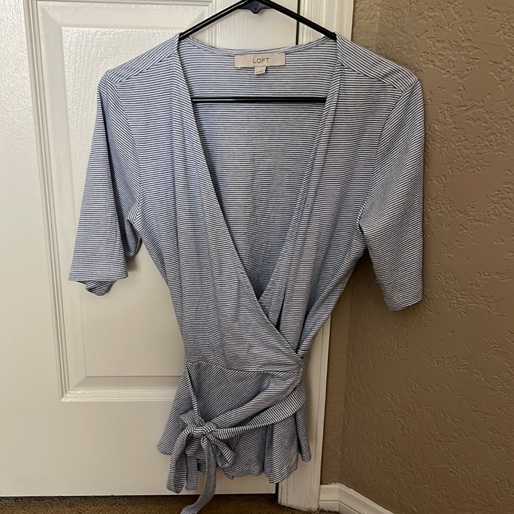 Loft blue and white stripe wrap top